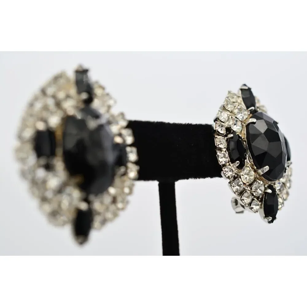 Vintage Black Clear Rhinestone Crystal Cluster Statement Clip On Earrings BinAF
